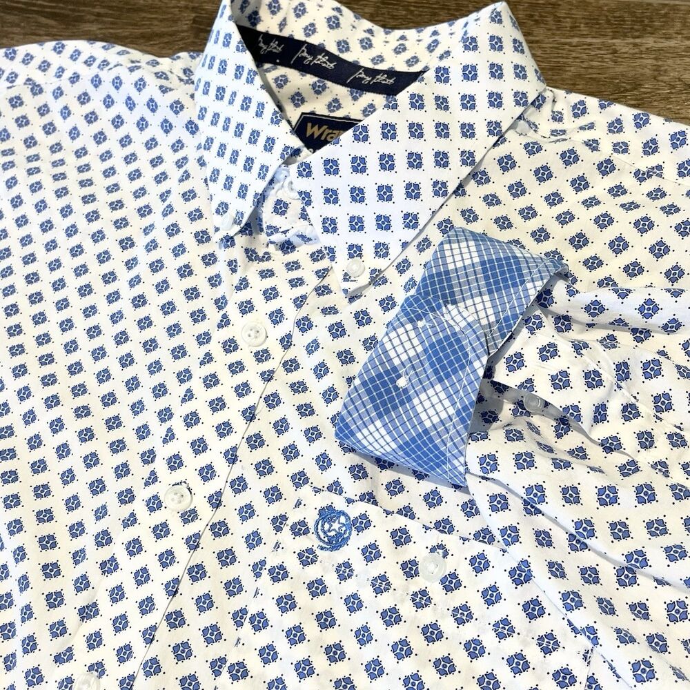 Wrangler George Straight Mens Shirt 2XL Tall Blue Geometric Flip Cuff Western